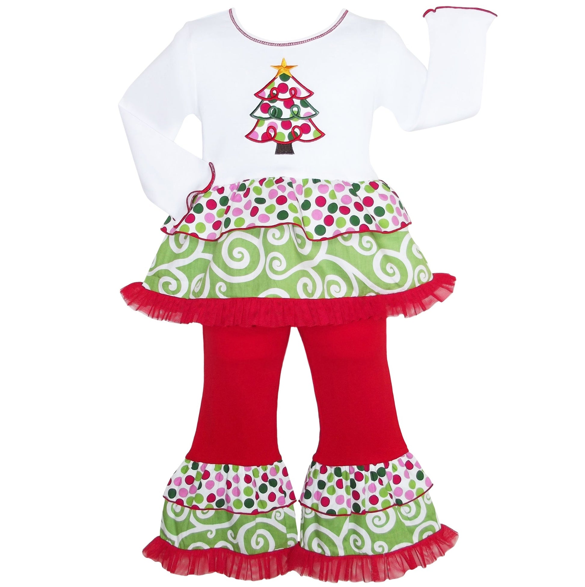AnnLoren Girls Boutique Polka Dot & Swirl Christmas Tree Clothing Set - Beau’s store