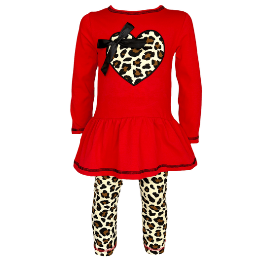 AnnLoren Girls Leopard Heart Holiday Dress Tunic & Leggings Set Outfit - Beau’s store
